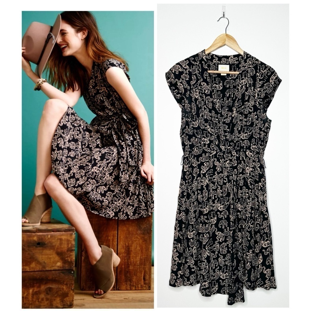 Maeve Anthropologie Elephant Print Noronha Wrap Dress Size Small